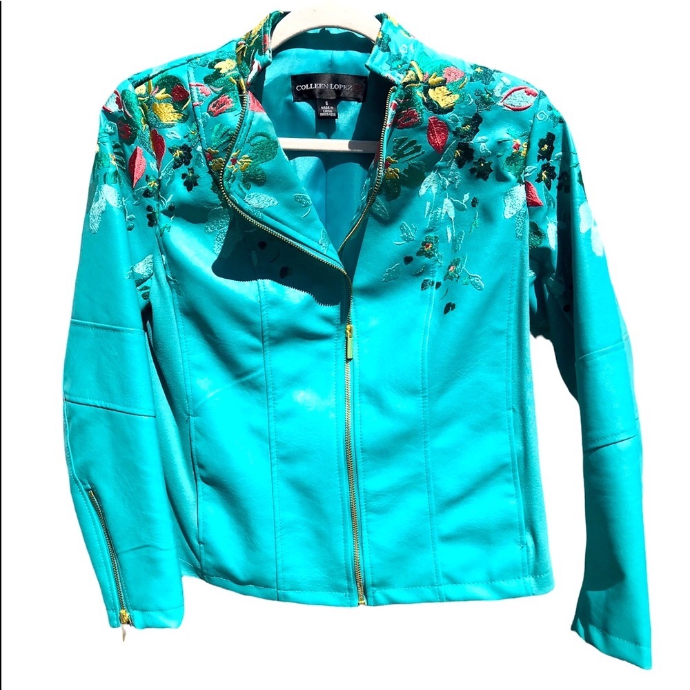 Colleen Lopez Turquoise Faux Leather Jacket GORGEOUS!!
